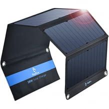 Caricabatterie solare portatile con 28W, 2 porte USB (5V/4A totali), IPX4, amperometro digitale e chiusura lampo di protezione.