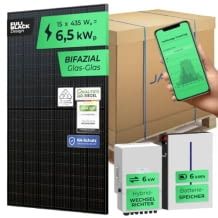 Bifiziale Solaranlage mit 6 kW Wechselrichter, einem 6,1 kWh Batteriespeichern, App und WiFi sowie Zubehör.