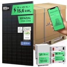 Bifiziale Solaranlage mit 12 kW Wechselrichter, drei 5,1 kWh Batteriespeichern, App und WiFi sowie Zubehör.