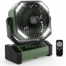 Ventilator mit 20.000 mAh Akku, Fernbedienung, 4 Modi, 4 Timer, mit LED-Lichtern und 3 Beleuchtungsmodi, und USB-A Ladeanschluss.