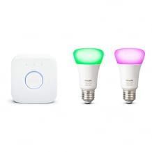 2 farbige und dimmbare Philips Hue LED Lampen mit E27-Fassung. Inkl. Philips Hue Bridge.