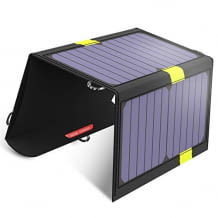 Tragbares Solar Ladegerät mit 20 Watt Leistung, 2 USB Ports, Spritzwasser geschützt und 610g Gewicht.