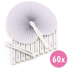 60 weiße Papierfächer in Herzform. Ideal für Hochzeiten oder DIY-Projekte. Mit Kunststoffgriff und Hakenverschluss.