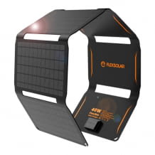 Wasserfestes faltbares Solar Ladegerät mit 40 Watt Leistung, USB QC3.0 /Typ C/ DC-Anschluss und 1300g Gewicht.