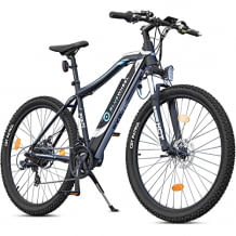 E-Mountainbike mit bis zu 25 km/h, 250 W-Hinterradnabenmotor und einer Akkuladung, die vollgeladen für bis zu 150 km reicht.