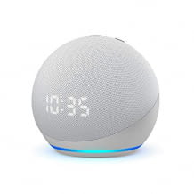Amazons Echo Dot mit 42 Millimeter Lautsprecher und 3,5 mm Stereo-Audioausgang und digitaler Uhr-Anzeige