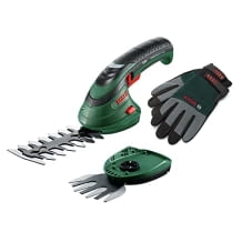 Elektrische Grasschere mit  6 Volt, Multi-Click-Aufsätzen, Grasscherblatt sowie XL-Gartenhandschuhen.