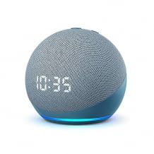 Amazons Echo Dot mit 42 Millimeter Lautsprecher und 3,5 mm Stereo-Audioausgang und digitaler Uhr-Anzeige