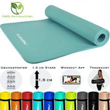 In vielen Farben erhältliche Fitnessmatte, wird mit Tragegurt und Übungsposter geliefert, Workout App verfügbar
