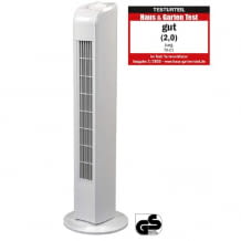 Ventilatore a torre per ufficio alto 78 cm, con oscillazione di 75 gradi, volume massimo di 48 Db, consumo energetico di 50 watt e 3 velocità.