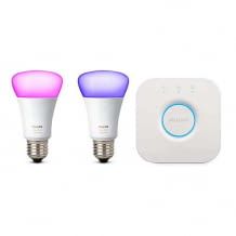 Philips Hue Starter-Set für weißes und farbiges Licht, inklusive 2 E27-Leuchtmittel und Bridge