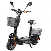 E-Scooter mit Sitz, 20 km/h Höchstgeschwindigkeit, Straßenzulassung, 500 W Leistung, und mit zwei praktischen Körben.