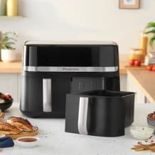 Besonders leise Doppelkammer-Heißluftfritteuse mit Warmhaltemodus, extra-Crisp-Technologie und Rezepte App