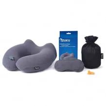 Cuscino gonfiabile per il collo con maschera per gli occhi e tappi per le orecchie per viaggiare in modo rilassato.