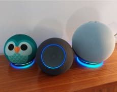 Die beiden Echo Dots (links) sind deutlich kleiner als Amazon Echo 4