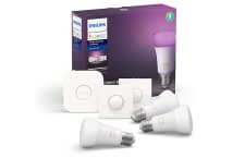 Das Philips Hue Starter set beinhaltet die Philips Hue Bridge, drei farbige Ambiance LED-Lampen sowie zwei Smart Buttons