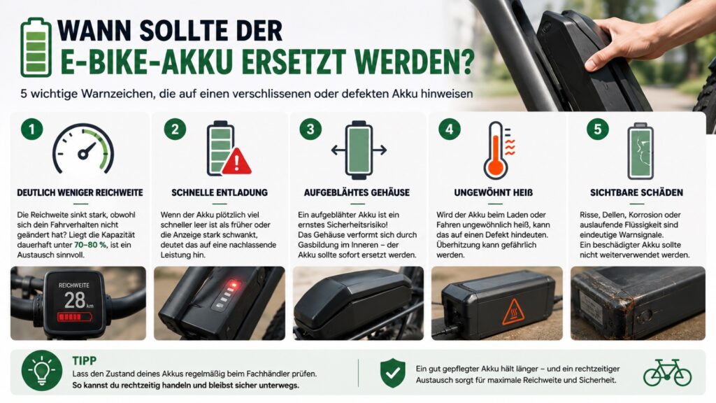 5 Warnzeichen zeigen, wann der E-Bike-Akku ersetzt werden sollte – von deutlich sinkender Reichweite über schnelle Entladung bis hin zu sichtbaren Schäden, Aufblähungen oder Überhitzung.