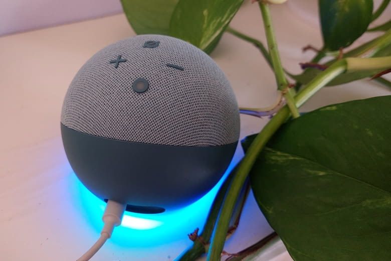 Blaues Leuchten am Echo zeigt, dass Alexa gerade zuhört und auf Befehle wartet Blaues Leuchten am Echo zeigt, dass Alexa gerade zuhört und auf Befehle wartet