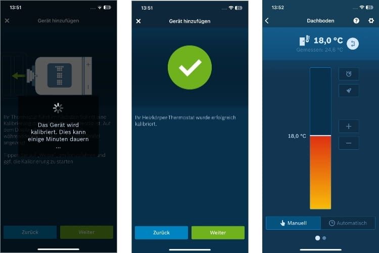 Nach der automatischen Kalibrierung kann das Thermostat in der Bosch App gesteuert werden Nach der automatischen Kalibrierung kann das Thermostat in der Bosch App gesteuert werden
