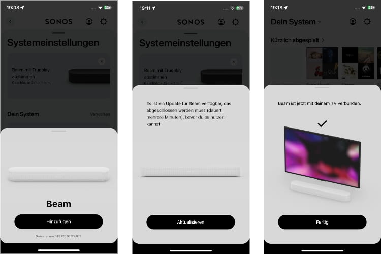 Bei der Einrichtung wurde die Beam automatisch gefunden und die Einrichtung verlief ohne Probleme Bei der Einrichtung wurde die Beam automatisch gefunden und die Einrichtung verlief ohne Probleme