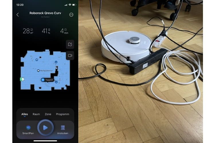 Der Saugroboter erkannte Hindernisse wie Kabel, Schuhe usw. und vermerkte sie auf der Karte Der Saugroboter erkannte Hindernisse wie Kabel, Schuhe usw. und vermerkte sie auf der Karte