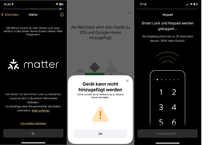 Bei der Matter Einrichtung gab es große Probleme. Das Keypad war hingegen schnell hinzugefügt Bei der Matter Einrichtung gab es große Probleme. Das Keypad war hingegen schnell hinzugefügt
