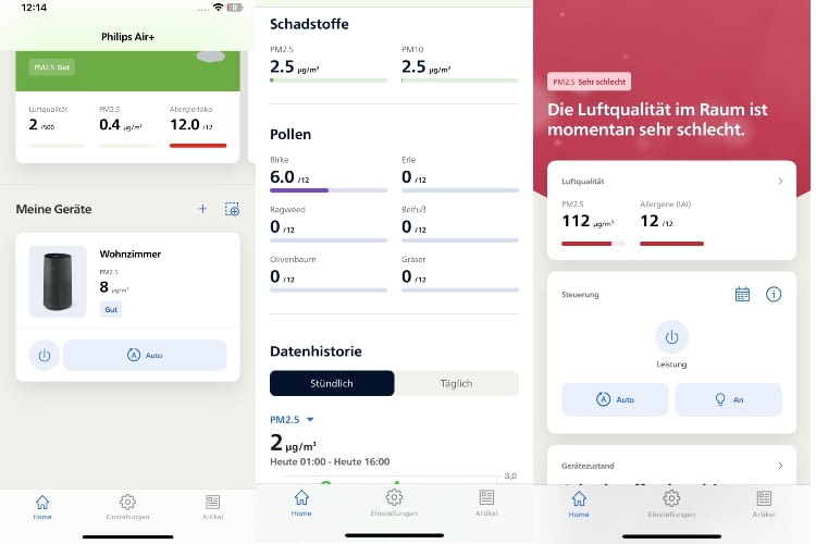 Die Philips-App mit Homebildschirm, Pollenflugvorhersage und aktueller Luftqualität Die Philips-App mit Homebildschirm, Pollenflugvorhersage und aktueller Luftqualität