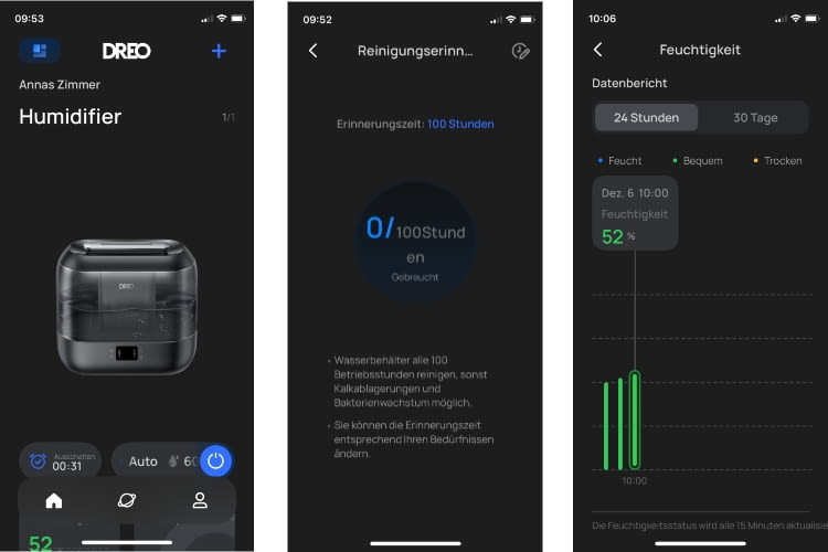 Reinigungserinnerung, Protokolle und Einstellungen der Dreo App erfuhren wir als sehr gelungen Reinigungserinnerung, Protokolle und Einstellungen der Dreo App erfuhren wir als sehr gelungen