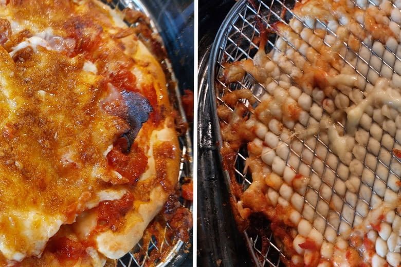 Hier ist links die Pizzaoberseite, rechts die noch rohe Unterseite zu sehen Hier ist links die Pizzaoberseite, rechts die noch rohe Unterseite zu sehen