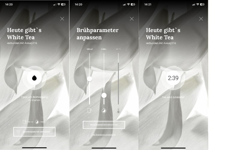 Je nach Teesorte passt sich der Hintergrund der App an Je nach Teesorte passt sich der Hintergrund der App an
