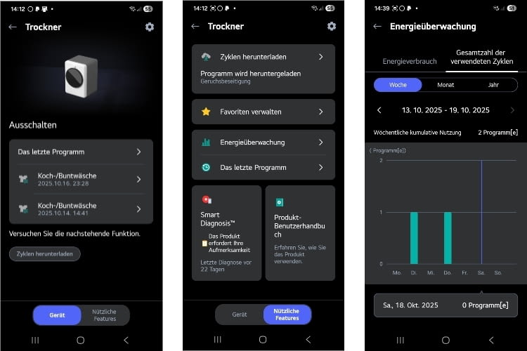 Die LG gibt einen Überblick über die verbrauchte Energie, den Trocknungsfortschritt und es lassen sich zusätzliche Programme herunterladen Die LG gibt einen Überblick über die verbrauchte Energie, den Trocknungsfortschritt und es lassen sich zusätzliche Programme herunterladen