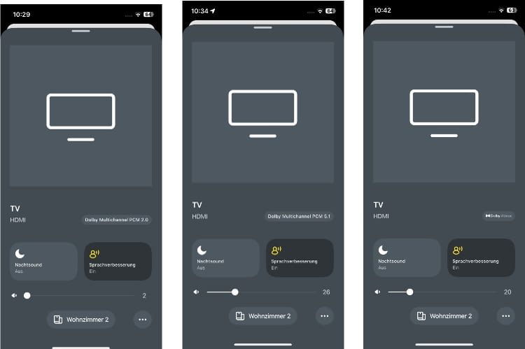 Von Stereo über 5.1 bis Dolby Atmos, die Beam 2 kann eine breite Bandbreite an Sound wiedergeben und zeigt diese in der App an Von Stereo über 5.1 bis Dolby Atmos, die Beam 2 kann eine breite Bandbreite an Sound wiedergeben und zeigt diese in der App an