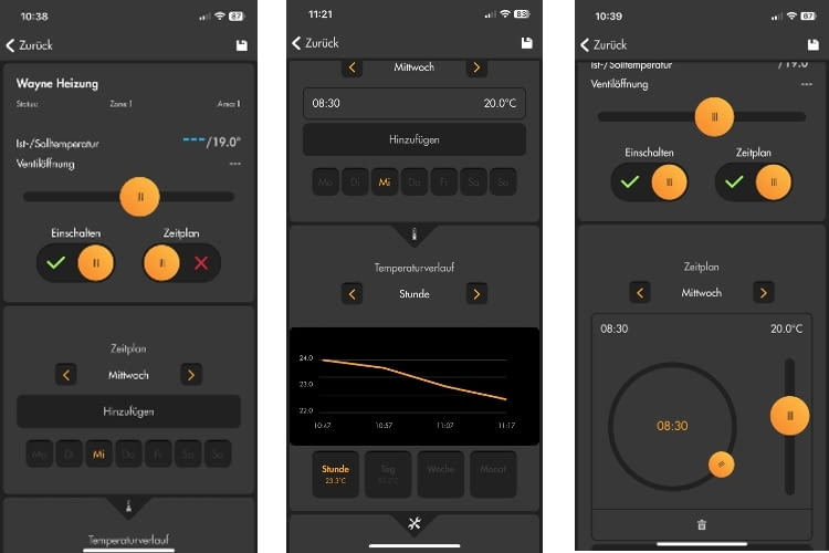 Die verschiedenen Funktionen des Heizkörperthermostats können in der App gesteuert werden Die verschiedenen Funktionen des Heizkörperthermostats können in der App gesteuert werden