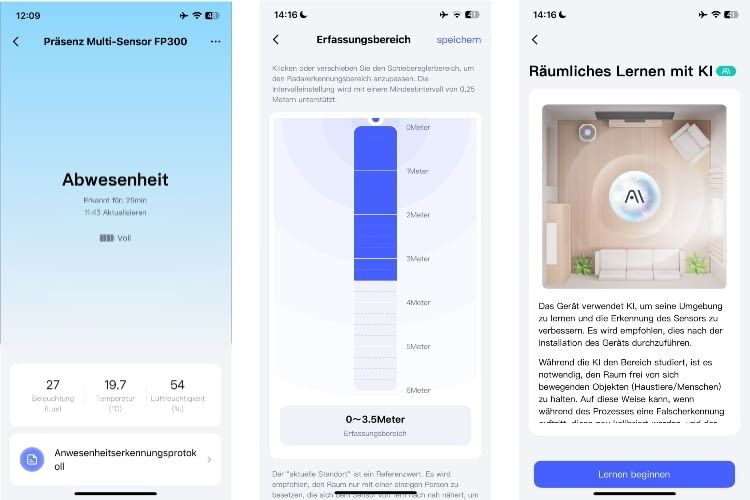 Per App lässt sich der Raum zum Beispiel mit KI scannen oder die Reichweite des Sensors einstellen Per App lässt sich der Raum zum Beispiel mit KI scannen oder die Reichweite des Sensors einstellen