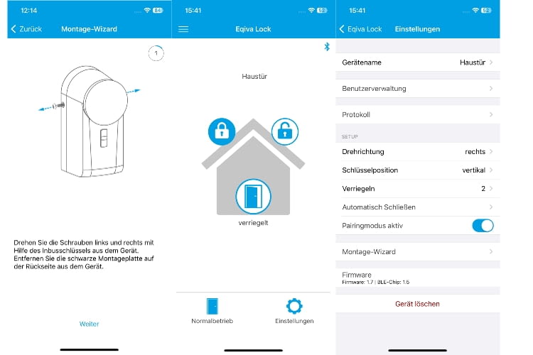 Die eqiva App mit Montage Wizzard, Statusanzeige und Einstellungsmöglichkeiten (von links) Die eqiva App mit Montage Wizzard, Statusanzeige und Einstellungsmöglichkeiten (von links)