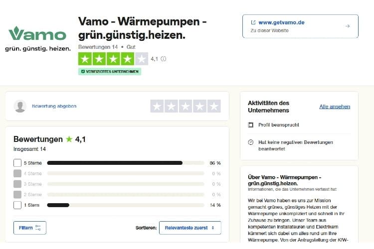 Bei trustpilot erreicht Vamo im Schnitt eine Bewertung von 4,1 Sternen Bei trustpilot erreicht Vamo im Schnitt eine Bewertung von 4,1 Sternen