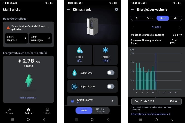 In der LG ThinQ App lassen sich unter anderem die aktuellen Temperaturen und der Energieverbrauch ablesen In der LG ThinQ App lassen sich unter anderem die aktuellen Temperaturen und der Energieverbrauch ablesen