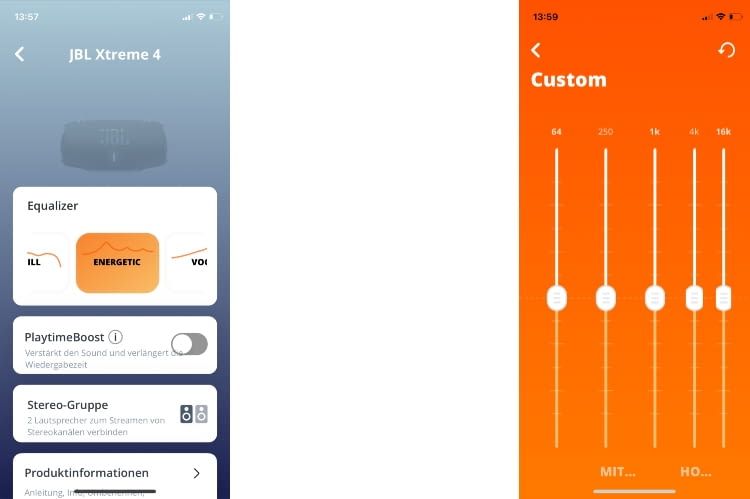 Mit der JBL Portable-App kann der Equalizer des JBL XTREME 4 gesteuert werden Mit der JBL Portable-App kann der Equalizer des JBL XTREME 4 gesteuert werden