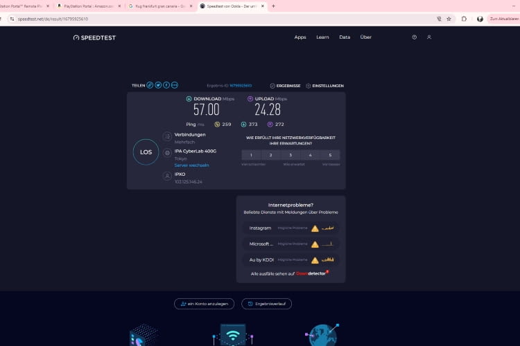 Der Speedtest mit der Verbindung in Tokyo Der Speedtest mit der Verbindung in Tokyo