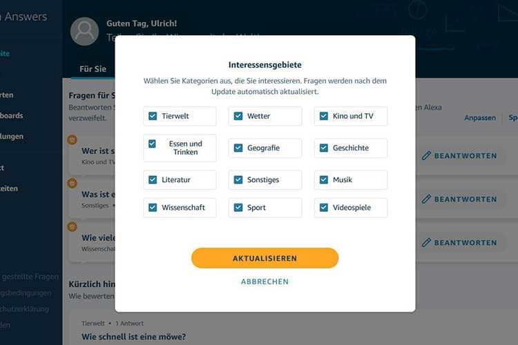 Insgesamt 12 Themenbereiche stehen in Alexa Answers zur Auswahl Insgesamt 12 Themenbereiche stehen in Alexa Answers zur Auswahl