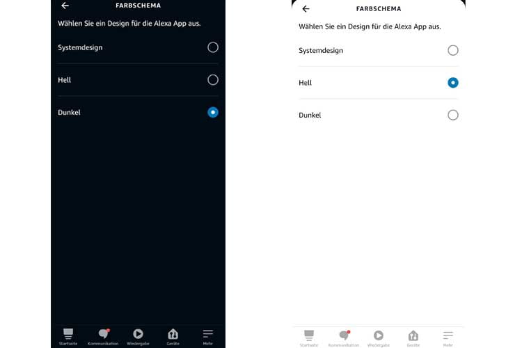 Der Hell- und Dunkelmodus in der Alexa App im Vergleich Der Hell- und Dunkelmodus in der Alexa App im Vergleich