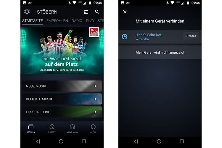Rechts oben neben der Lupe befindet sich das Alexa Cast-Symbol. Nach dem Antippen erscheint die Lautsprecherauswahl Rechts oben neben der Lupe befindet sich das Alexa Cast-Symbol. Nach dem Antippen erscheint die Lautsprecherauswahl