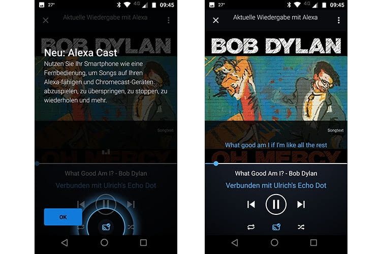 Einmal eingerichtet wird das Streaming durch das blau eingefärbte Alexa Cast-Symbol angezeigt Einmal eingerichtet wird das Streaming durch das blau eingefärbte Alexa Cast-Symbol angezeigt