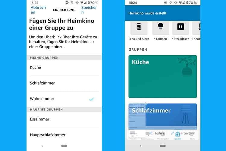 Im letzten Schritt muss der Echo Lautspricher und Fire TV einem Raum bzw. einer Gruppe hinzugefügt werden (li.) Im letzten Schritt muss der Echo Lautspricher und Fire TV einem Raum bzw. einer Gruppe hinzugefügt werden (li.)