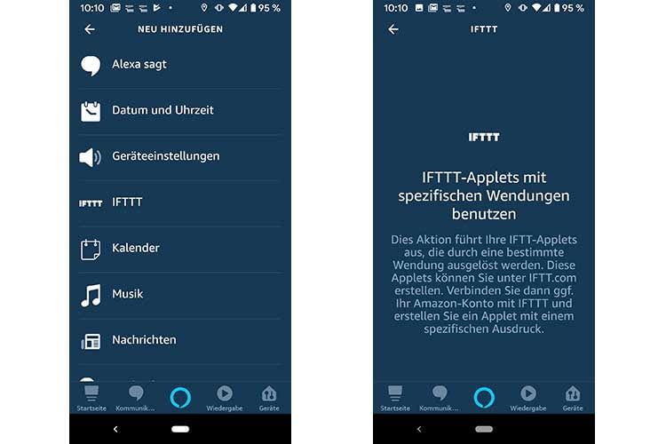 Bei der Erstellung von Alexa-Routinen können Nutzer unter dem Punkt u0022Neue Routineu0022 und u0022Aktion hinzufügenu0022 auch IFTTT Applets auswählen Bei der Erstellung von Alexa-Routinen können Nutzer unter dem Punkt u0022Neue Routineu0022 und u0022Aktion hinzufügenu0022 auch IFTTT Applets auswählen