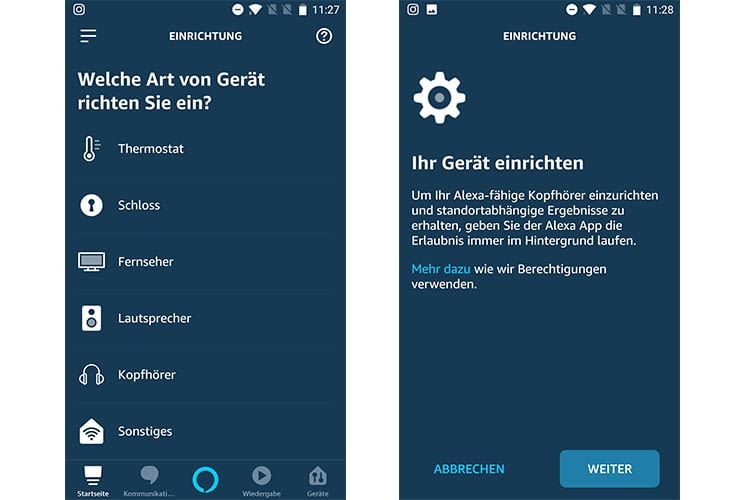 Zunächst muss der Nutzer auswählen, welches Gerät er verbinden möchte. Dann richtet man das Gerät per Alexa-App ein Zunächst muss der Nutzer auswählen, welches Gerät er verbinden möchte. Dann richtet man das Gerät per Alexa-App ein