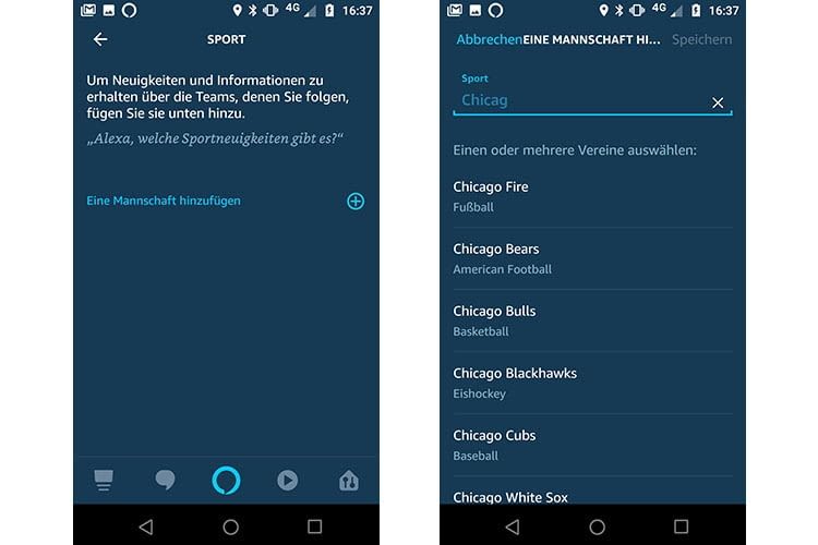 Unter „Einstellungen“ und „Sport“ in der Alexa-App können die Lieblingssportvereine ausgewählt werden Unter „Einstellungen“ und „Sport“ in der Alexa-App können die Lieblingssportvereine ausgewählt werden