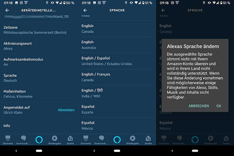 Die Sprachpaare für die mehrsprachige Alexa-Nutzung erkennt man am Schrägstrich Die Sprachpaare für die mehrsprachige Alexa-Nutzung erkennt man am Schrägstrich