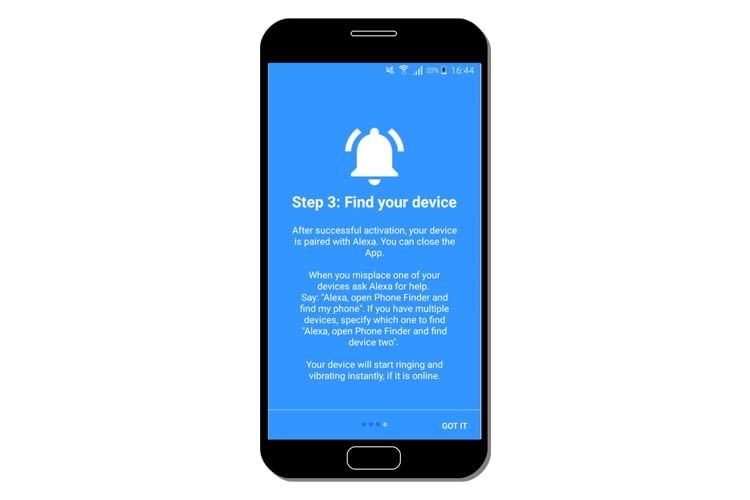 Die Phone Finder for Alexa-App leitet durch die Verbindungsschritte mit Alexa Die Phone Finder for Alexa-App leitet durch die Verbindungsschritte mit Alexa