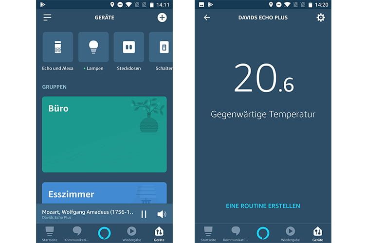 Links: das Geräte-Menü in der Alexa App. Rechts: Temperaturanzeige in der Alexa App Links: das Geräte-Menü in der Alexa App. Rechts: Temperaturanzeige in der Alexa App